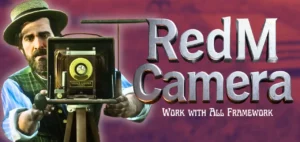 RedM photography script screenshot showing camera viewfinder, photo studio backdrop, and pose menu; rstore Photography by redm.store.