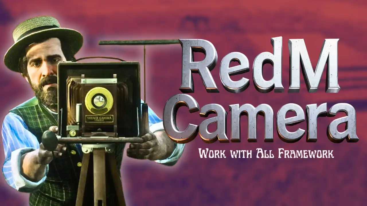 RedM photography script screenshot showing camera viewfinder, photo studio backdrop, and pose menu; rstore Photography by redm.store.